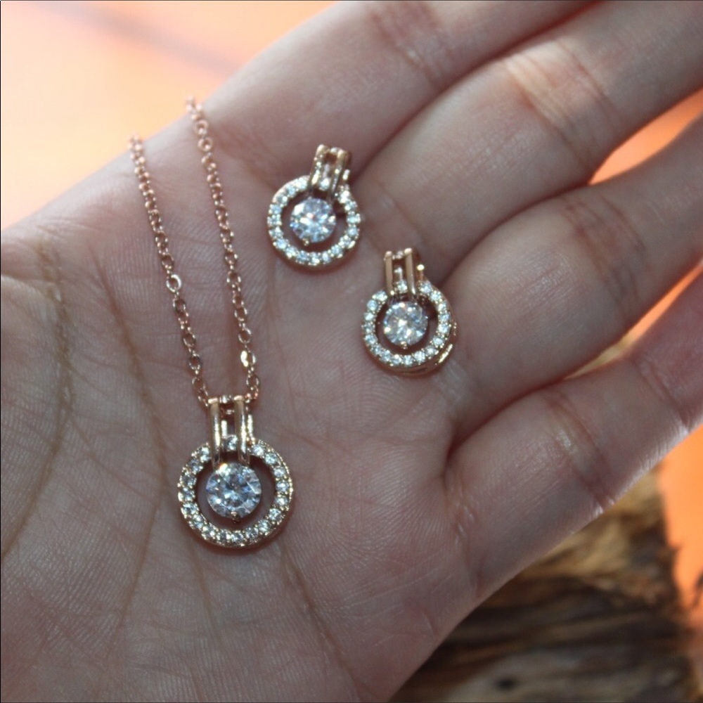 Halo Rose Gold Set CZ Necklace and Earrings - Picture 3 of 8